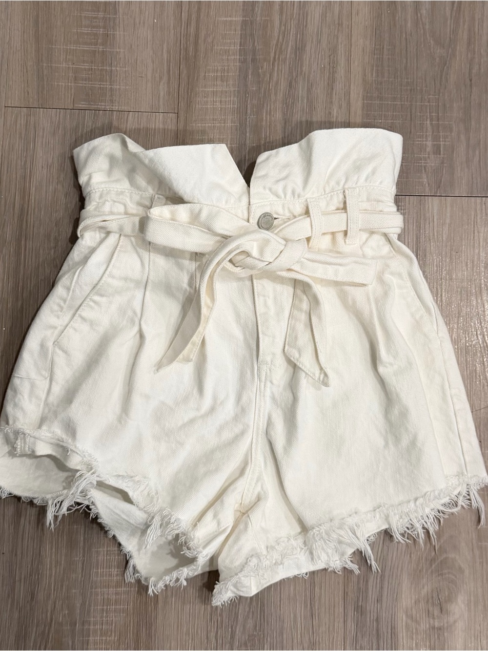 Blank NYC Cream High-Waist Paperbag Shorts with Tie Belt